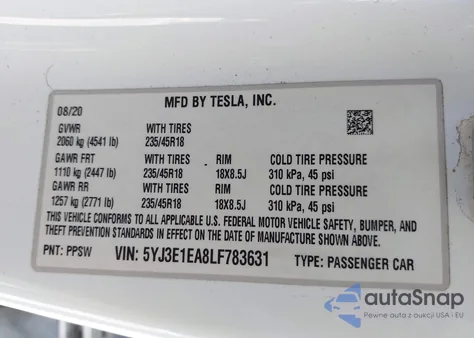 2020 Tesla Model 3 Standard Range Plus Rear-Wheel Drive/Standard Range Rear-Wheel Drive from USA, damaged, VIN 5YJ3E1EA8LF783631